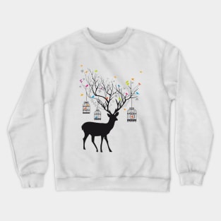 Deer with birds and birdcages Crewneck Sweatshirt